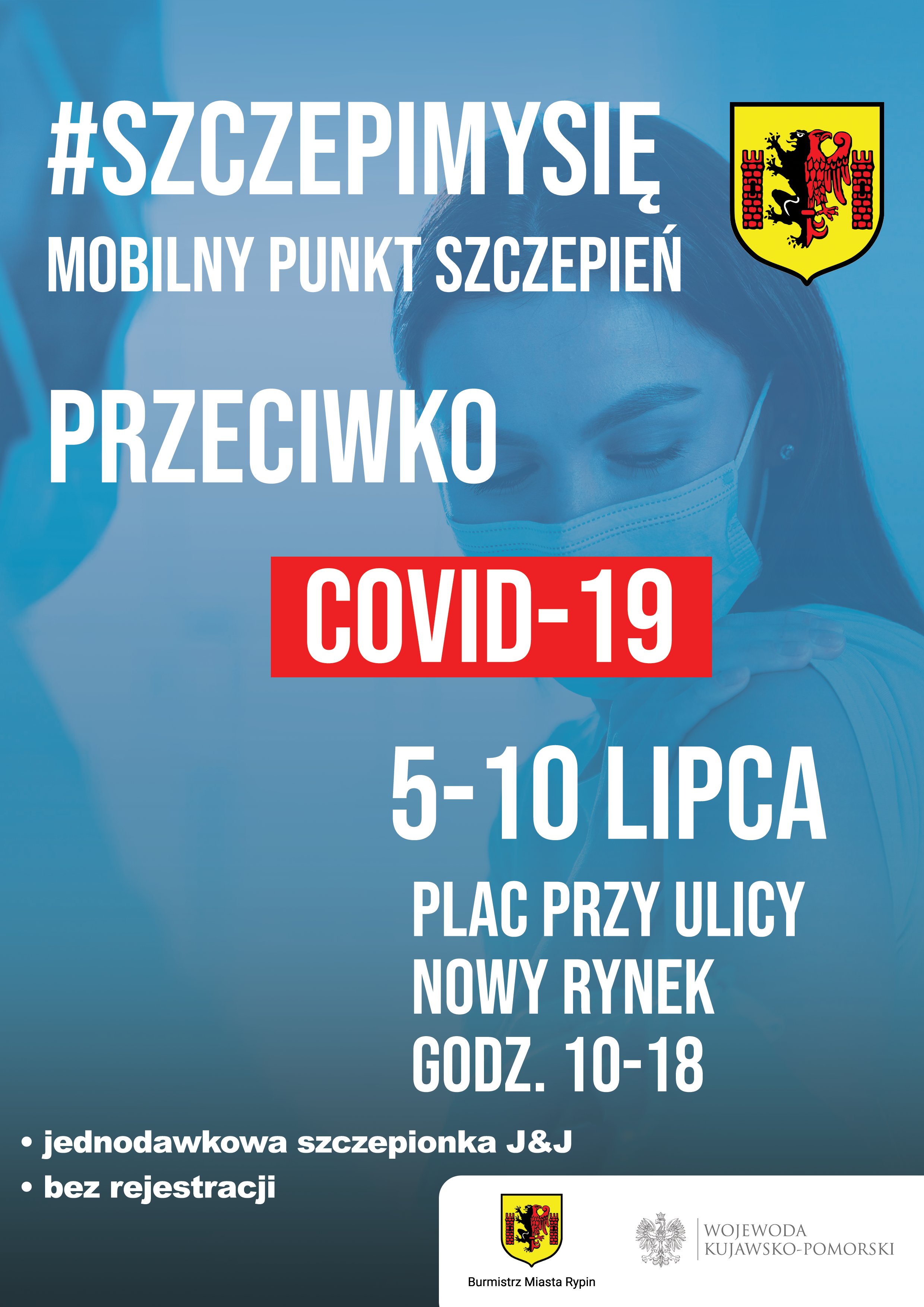 Plakat przedstawia #szczepimysię na tle kobiety przygotowanej do szczepienia