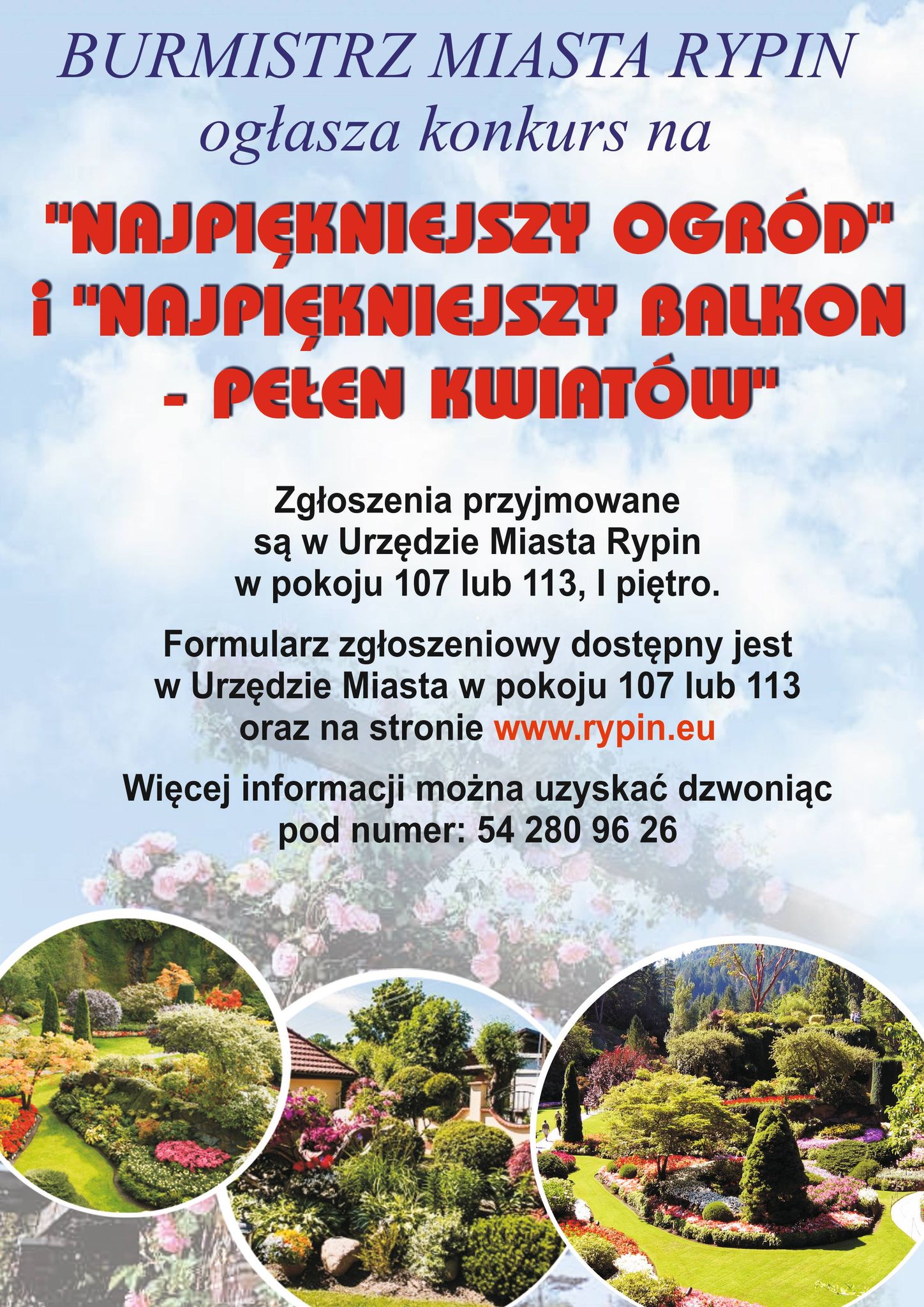 Plakat z elementami ogrodów z zaproszeniem do konkursu