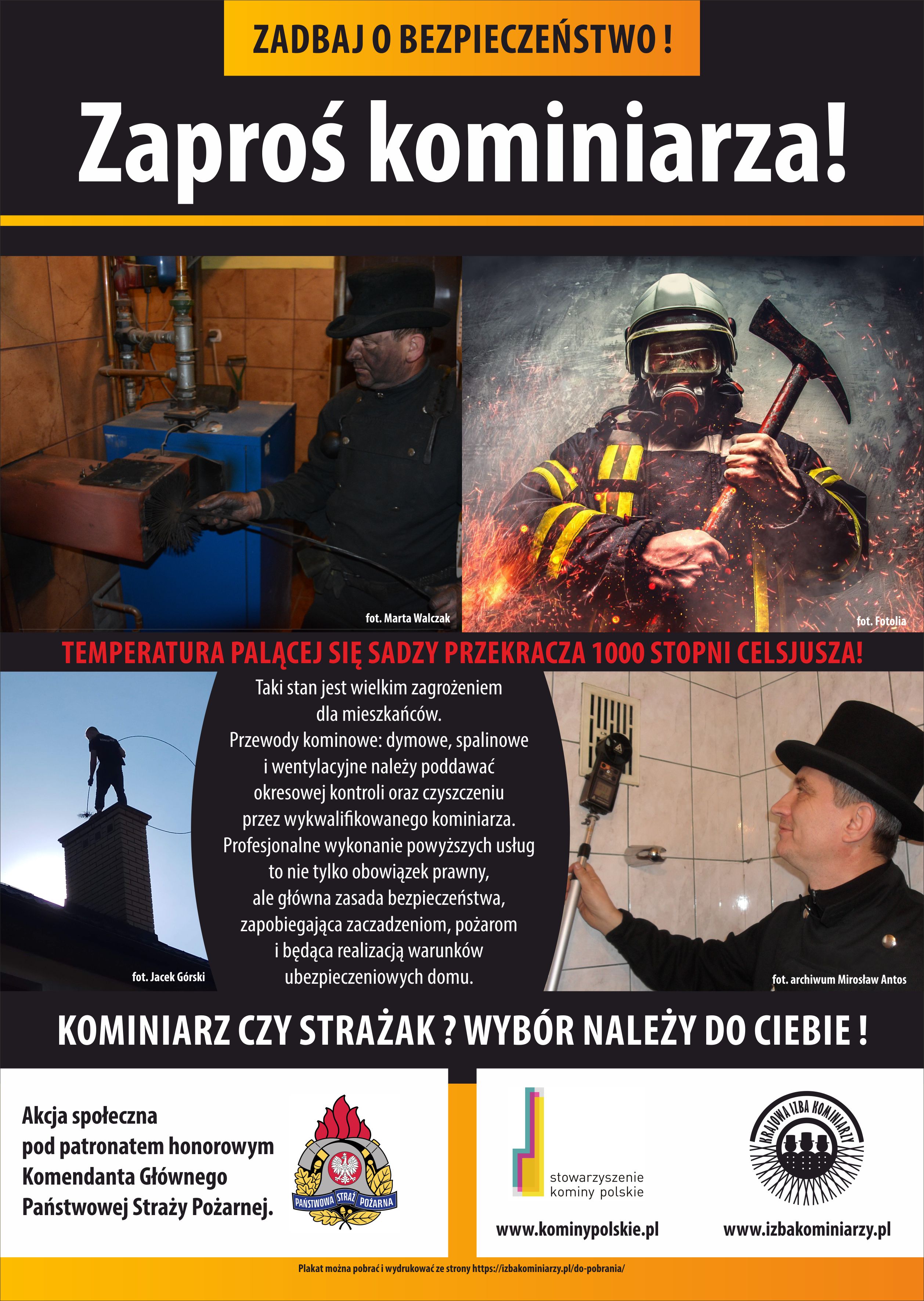 Plakat przedstawia kominiarza przy pracy